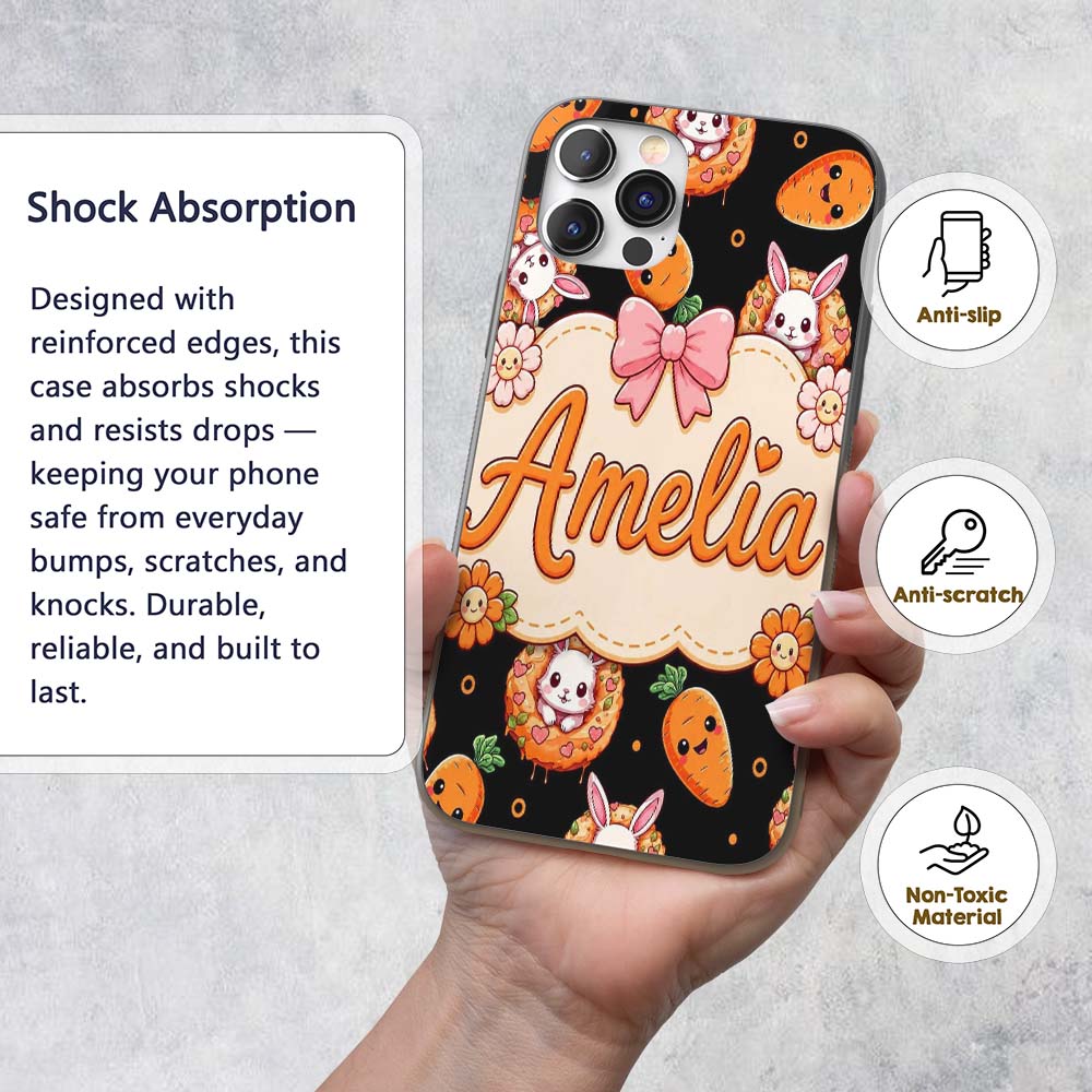 Cute Kawaii Bunny with Carrot Donut Seamless Custom Name Protective Phone Case Mobile Cover Durable Everyday Smartphone Shock Resistant