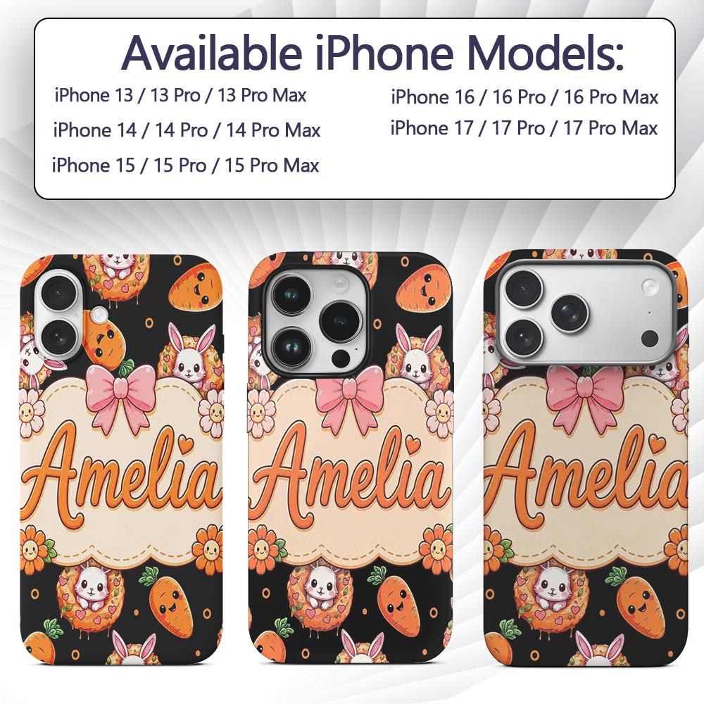 Cute Kawaii Bunny with Carrot Donut Seamless Custom Name Protective Phone Case Mobile Cover Durable Everyday Smartphone Shock Resistant