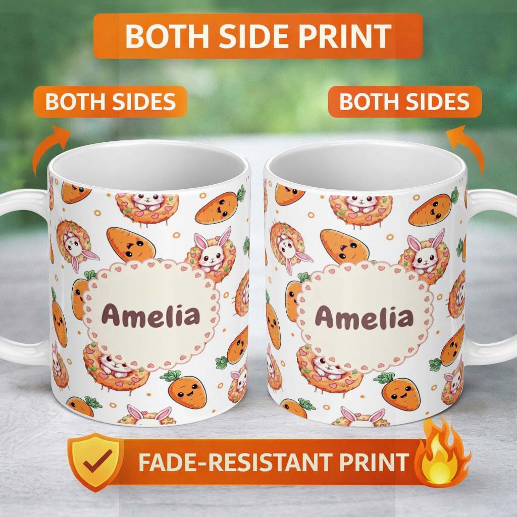 Personalized Custom Name Cute Kawaii Bunny with Carrot Donut Seamless Pattern Grey 11oz Ceramic Coffee Tea Mug White Large Handle