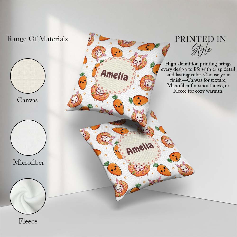 Custom Name Kawaii Bunny with Carrot Donut Seamless Pattern Grey Square Filled Cushion Throw Pillow Sofa Bed Home Decor Zip Washable UK Made