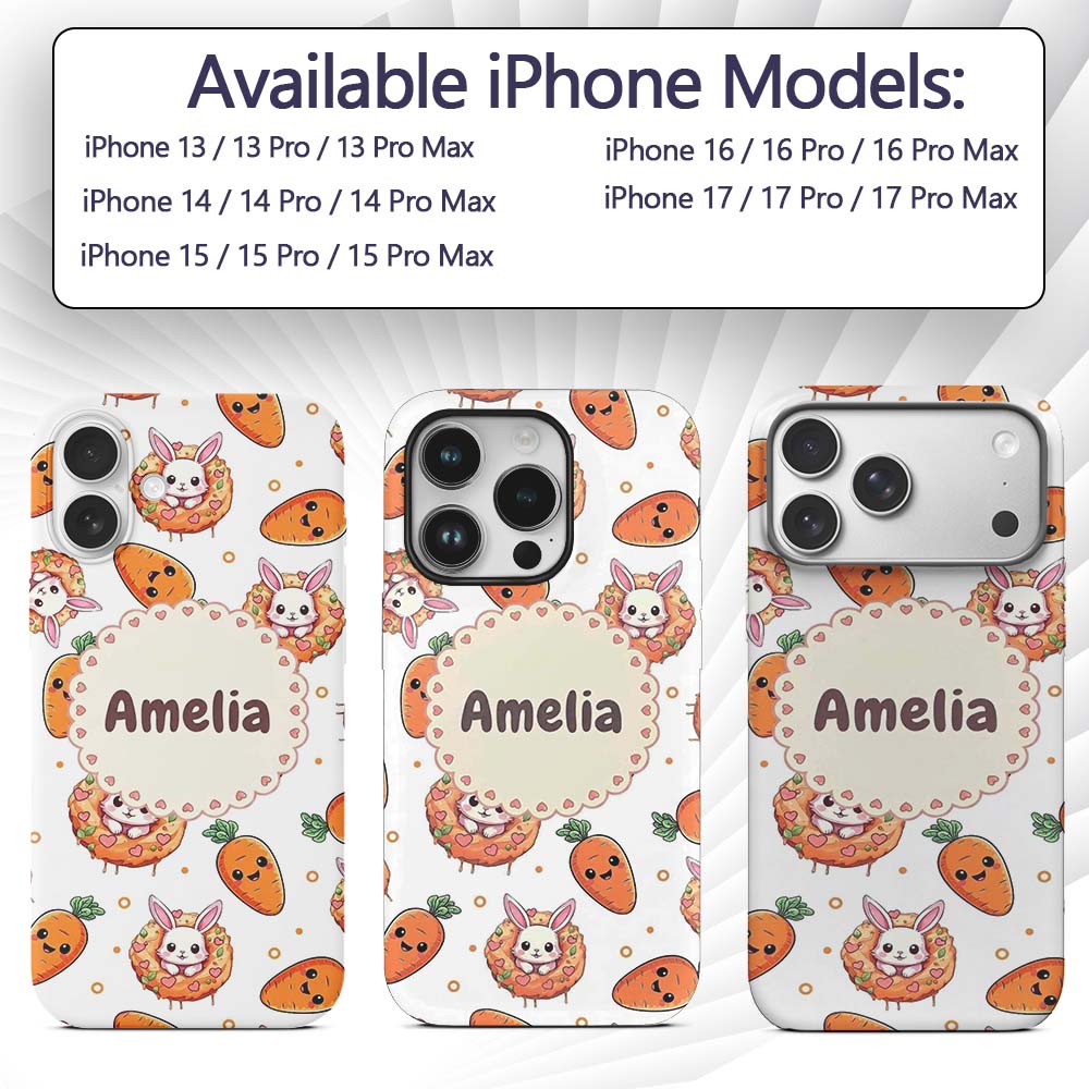 Cute Kawaii Bunny with Carrot Donut Seamless Custom Name Protective Phone Case Mobile Cover Durable Everyday Smartphone Shock Resistant