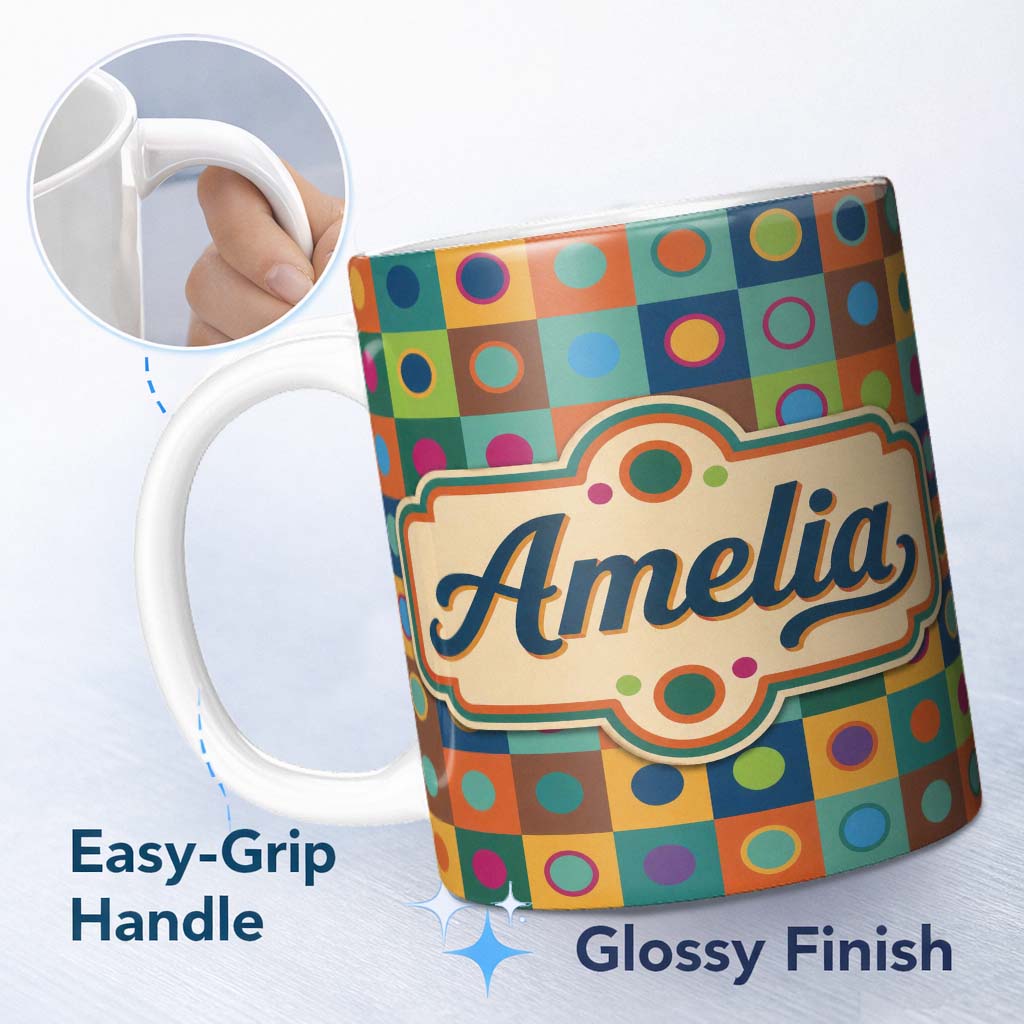 Personalized Custom Name Colorful Polka Dot Grid Modern Geometric Seamless Pattern Lovely 11oz Ceramic Coffee Tea Mug White Large Handle