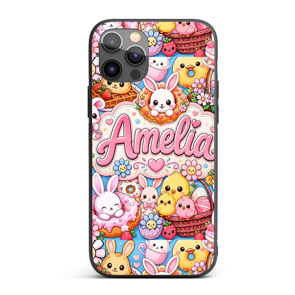 Cute Easter Bunny Chick and Eggs Dessert Seamless Custom Name Protective Phone Case Mobile Cover Durable Everyday Smartphone Shock Resistant