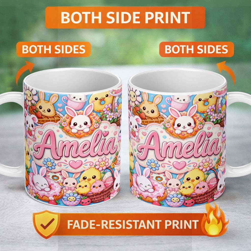 Personalized Custom Name Cute Easter Bunny Chick and Eggs Dessert Seamless Pattern Cream 11oz Ceramic Coffee Tea Mug White Large Handle
