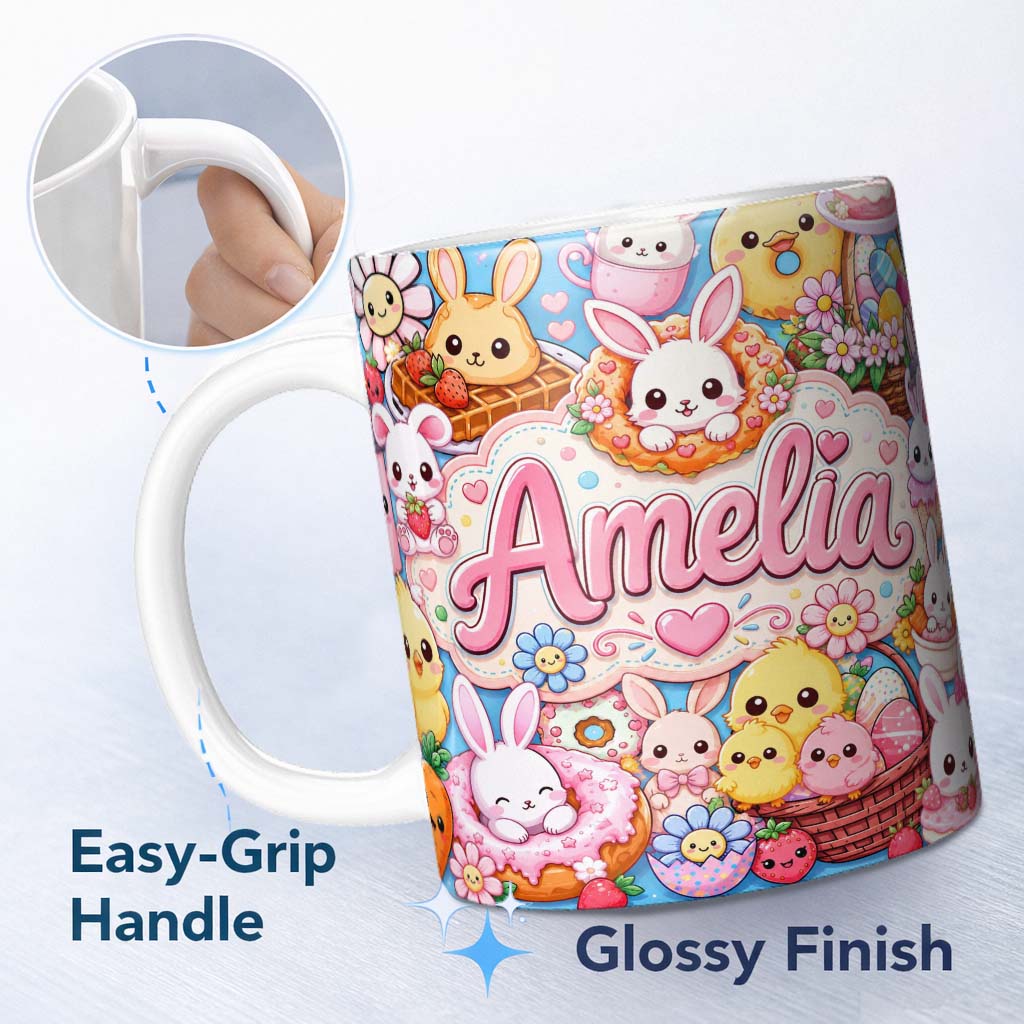 Personalized Custom Name Cute Easter Bunny Chick and Eggs Dessert Seamless Pattern Cream 11oz Ceramic Coffee Tea Mug White Large Handle