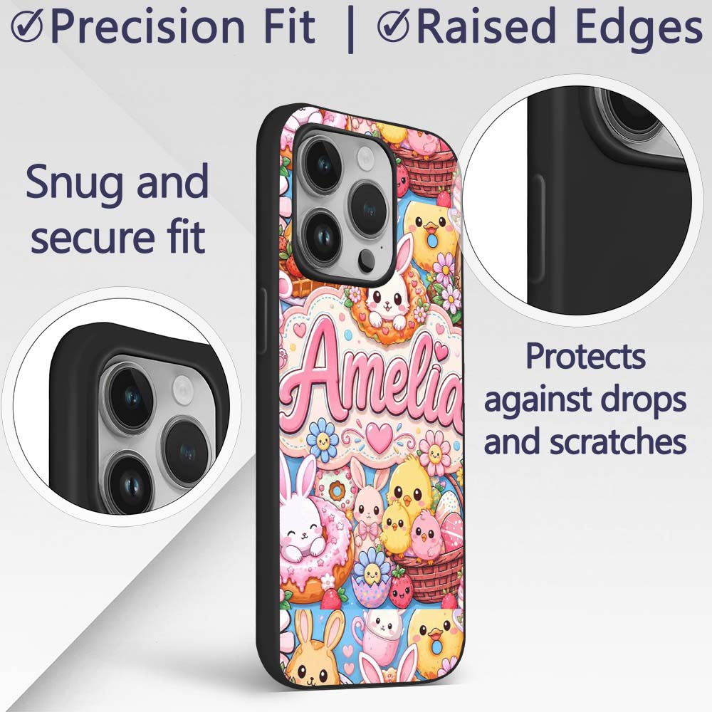 Cute Easter Bunny Chick and Eggs Dessert Seamless Custom Name Protective Phone Case Mobile Cover Durable Everyday Smartphone Shock Resistant