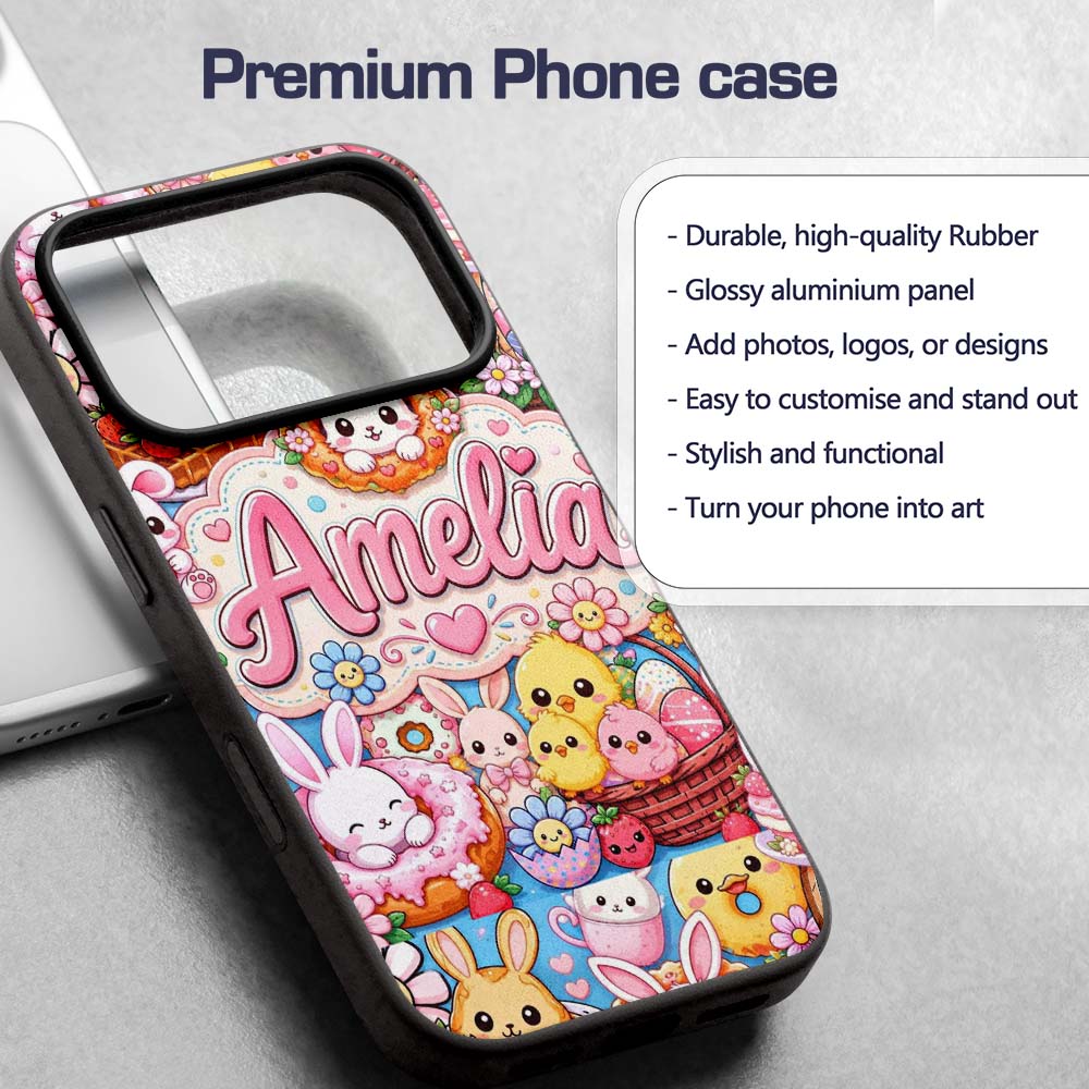 Cute Easter Bunny Chick and Eggs Dessert Seamless Custom Name Protective Phone Case Mobile Cover Durable Everyday Smartphone Shock Resistant
