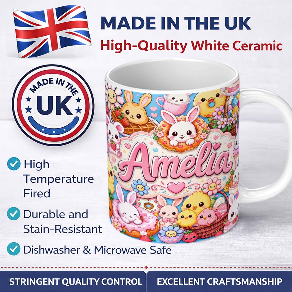 Personalized Custom Name Cute Easter Bunny Chick and Eggs Dessert Seamless Pattern Cream 11oz Ceramic Coffee Tea Mug White Large Handle