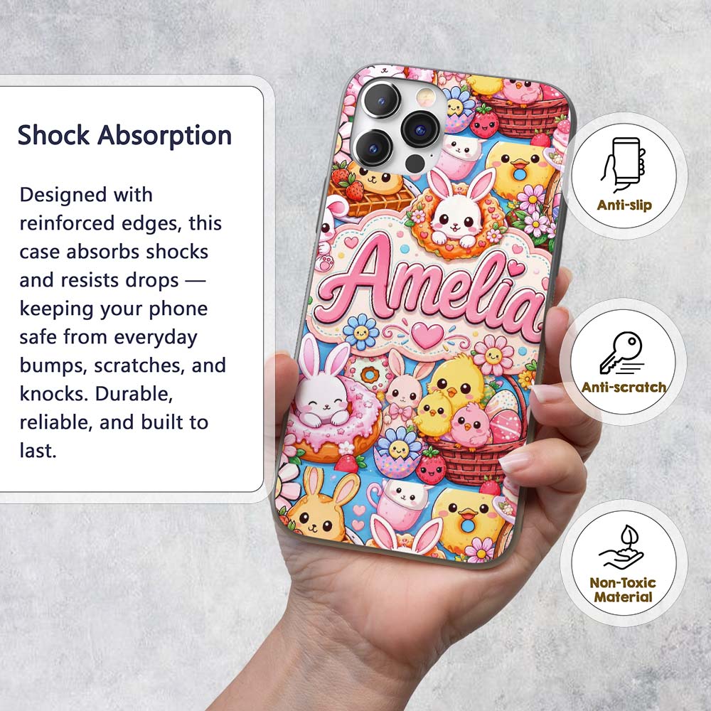 Cute Easter Bunny Chick and Eggs Dessert Seamless Custom Name Protective Phone Case Mobile Cover Durable Everyday Smartphone Shock Resistant