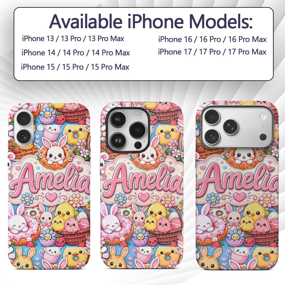 Cute Easter Bunny Chick and Eggs Dessert Seamless Custom Name Protective Phone Case Mobile Cover Durable Everyday Smartphone Shock Resistant