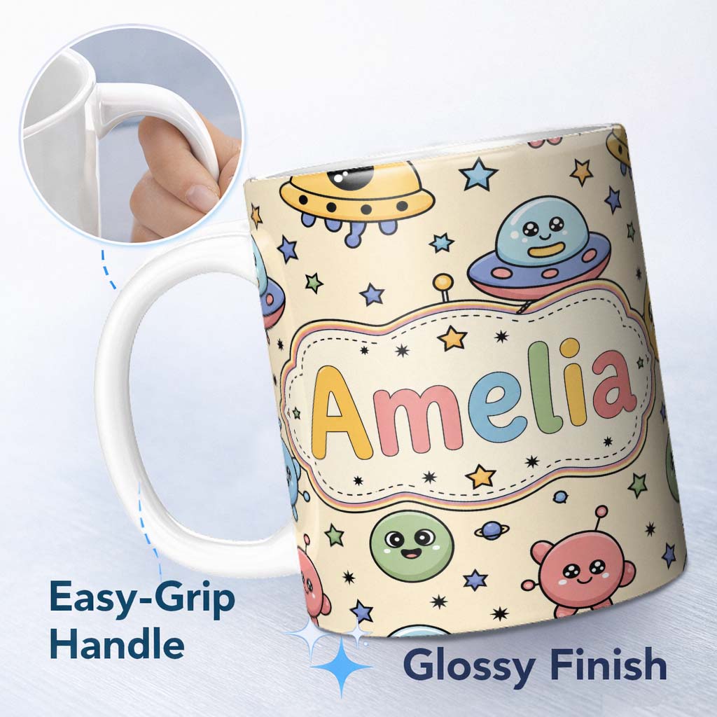 Personalized Custom Name Cute Cartoon UFO Aliens Galaxy Stars Space Seamless Pattern Lovely 11oz Ceramic Coffee Tea Mug White Large Handle