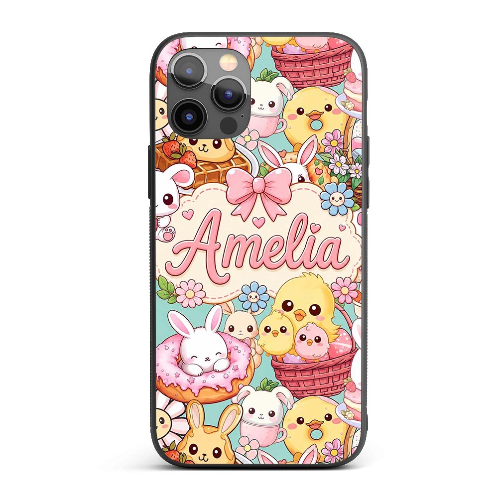 Cute Easter Bunny Chick and Eggs Dessert Seamless Custom Name Protective Phone Case Mobile Cover Durable Everyday Smartphone Shock Resistant
