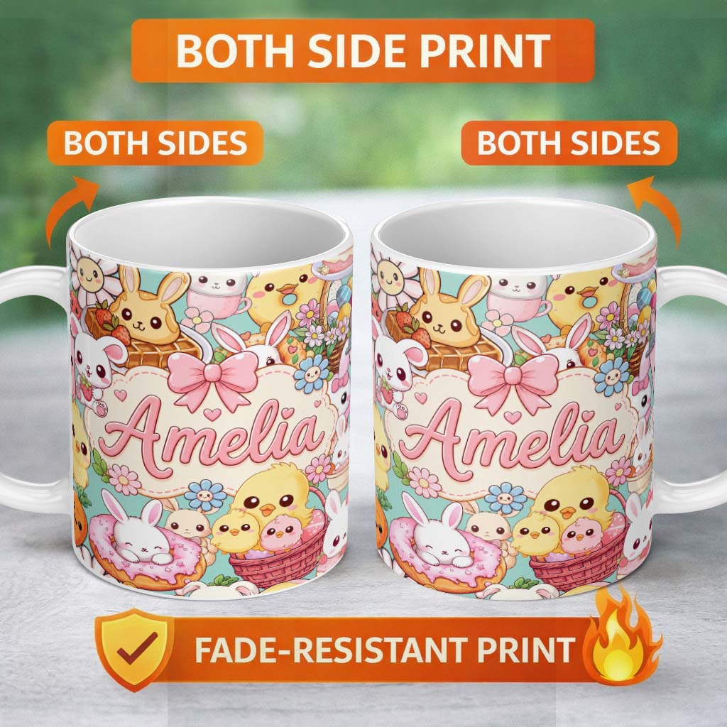 Personalized Custom Name Cute Easter Bunny Chick and Eggs Dessert Seamless Pattern Blue 11oz Ceramic Coffee Tea Mug White Large Handle