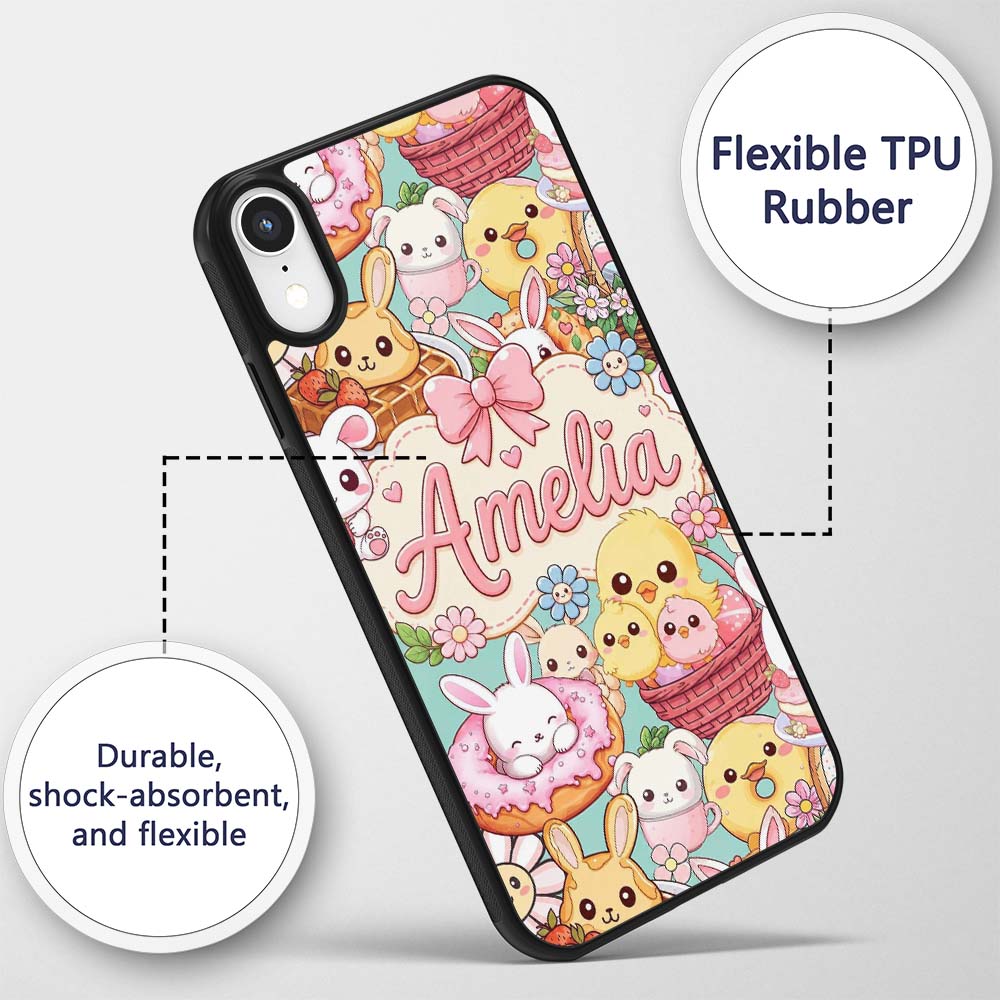 Cute Easter Bunny Chick and Eggs Dessert Seamless Custom Name Protective Phone Case Mobile Cover Durable Everyday Smartphone Shock Resistant