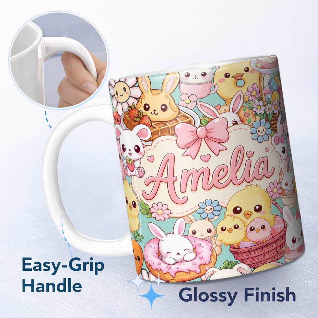 Personalized Custom Name Cute Easter Bunny Chick and Eggs Dessert Seamless Pattern Blue 11oz Ceramic Coffee Tea Mug White Large Handle
