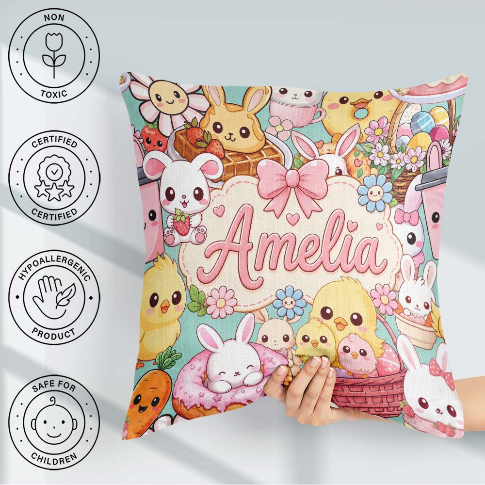 Custom Name Easter Bunny Chick and Eggs Dessert Seamless Pattern Square Filled Cushion Throw Pillow Sofa Bed Home Decor Zip Washable UK Made