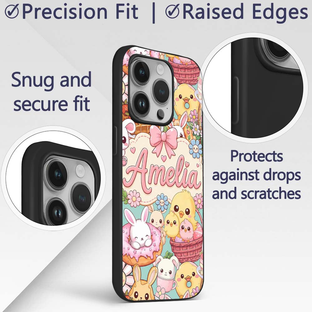 Cute Easter Bunny Chick and Eggs Dessert Seamless Custom Name Protective Phone Case Mobile Cover Durable Everyday Smartphone Shock Resistant