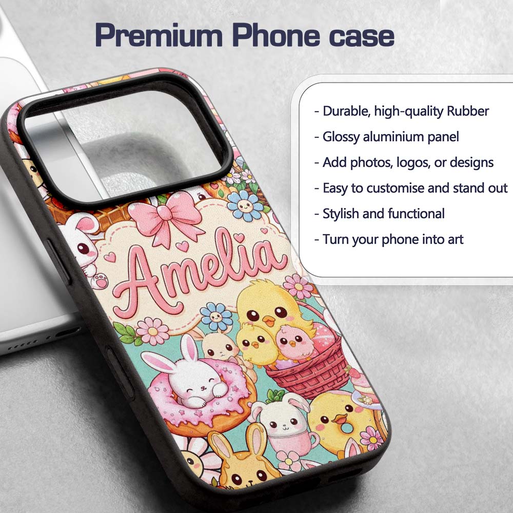 Cute Easter Bunny Chick and Eggs Dessert Seamless Custom Name Protective Phone Case Mobile Cover Durable Everyday Smartphone Shock Resistant