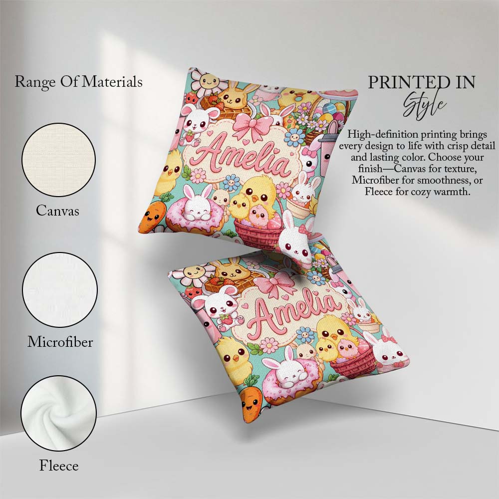 Custom Name Easter Bunny Chick and Eggs Dessert Seamless Pattern Square Filled Cushion Throw Pillow Sofa Bed Home Decor Zip Washable UK Made