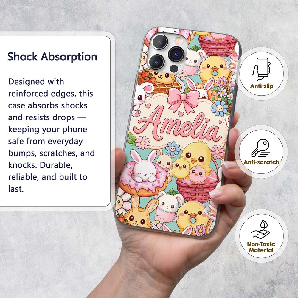 Cute Easter Bunny Chick and Eggs Dessert Seamless Custom Name Protective Phone Case Mobile Cover Durable Everyday Smartphone Shock Resistant