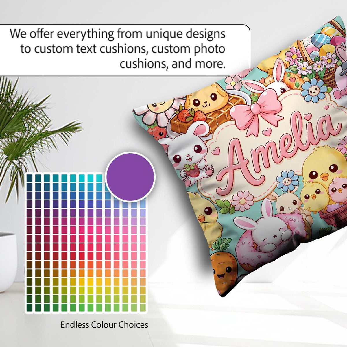 Custom Name Easter Bunny Chick and Eggs Dessert Seamless Pattern Square Filled Cushion Throw Pillow Sofa Bed Home Decor Zip Washable UK Made