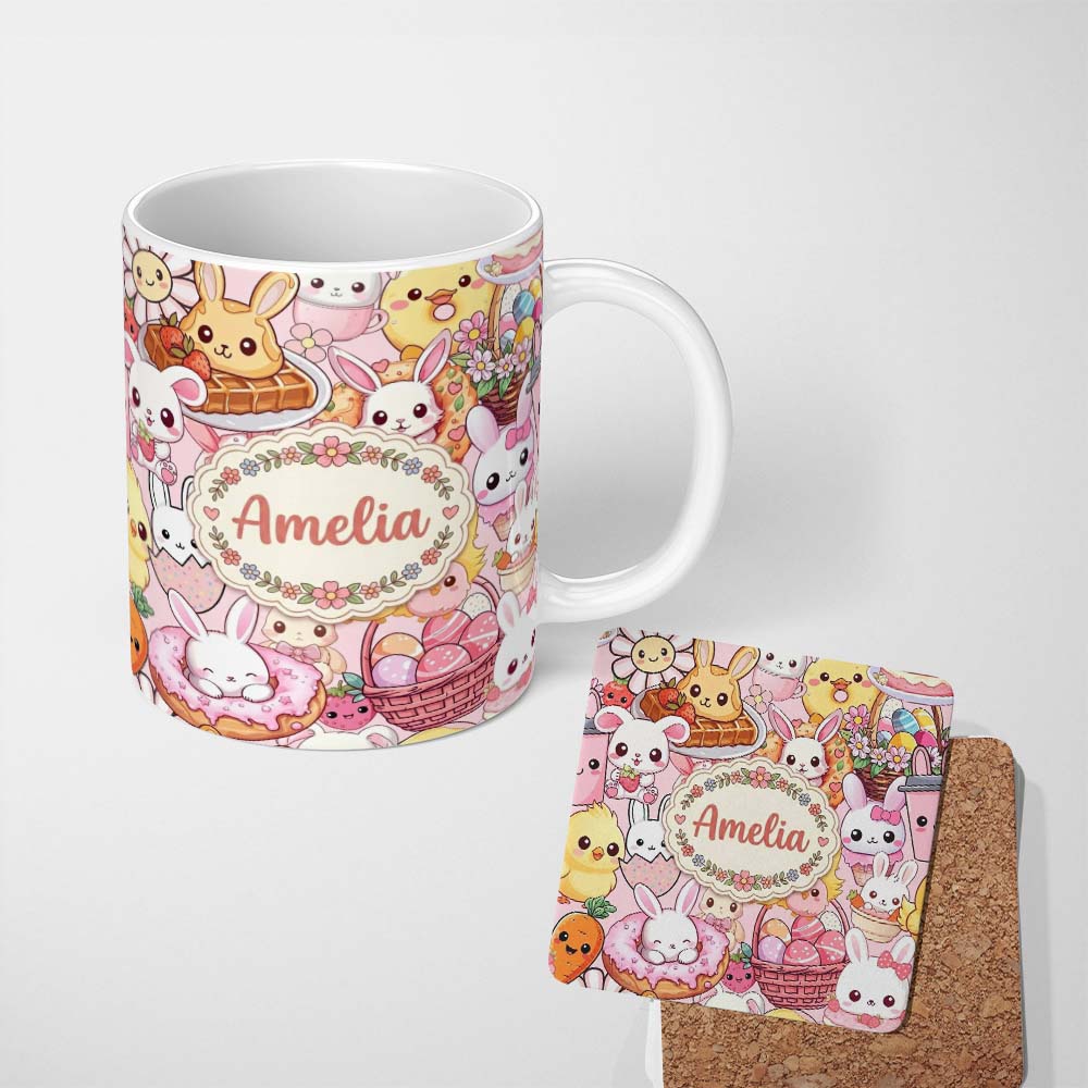Personalized Custom Name Cute Easter Bunny Chick and Eggs Dessert Seamless Pattern Pink 11oz Ceramic Coffee Tea Mug White Large Handle