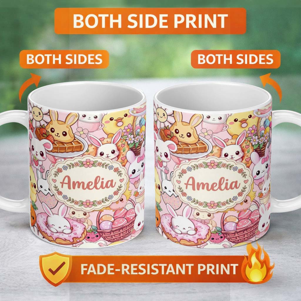 Personalized Custom Name Cute Easter Bunny Chick and Eggs Dessert Seamless Pattern Pink 11oz Ceramic Coffee Tea Mug White Large Handle