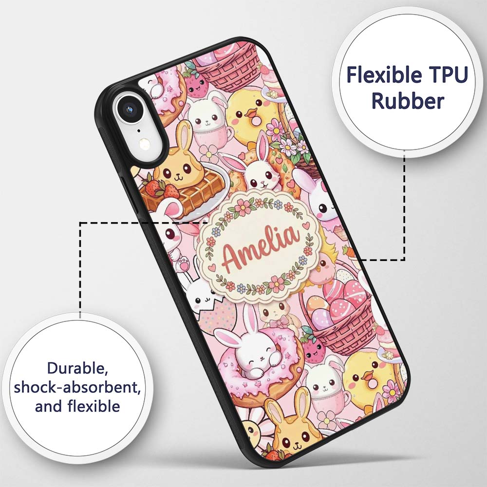 Cute Easter Bunny Chick and Eggs Dessert Seamless Custom Name Protective Phone Case Mobile Cover Durable Everyday Smartphone Shock Resistant