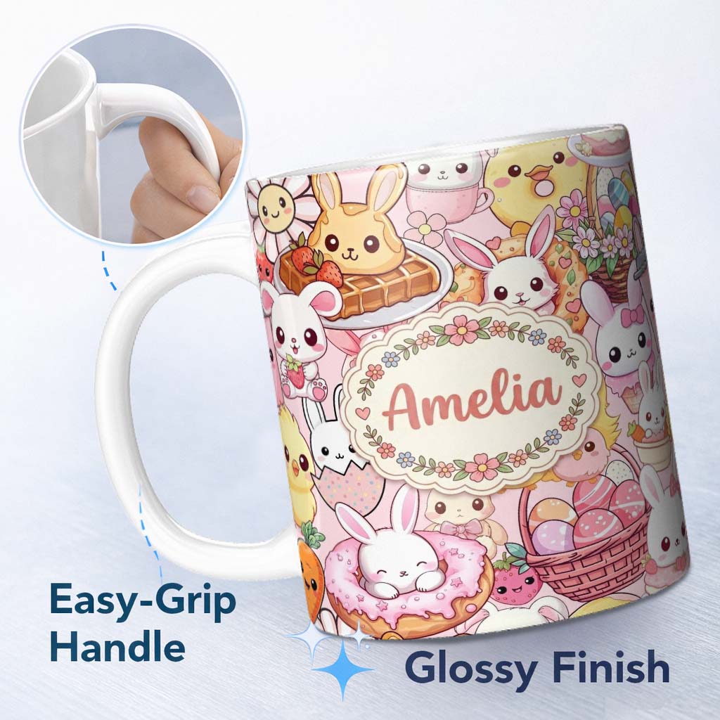 Personalized Custom Name Cute Easter Bunny Chick and Eggs Dessert Seamless Pattern Pink 11oz Ceramic Coffee Tea Mug White Large Handle