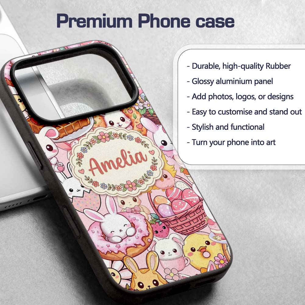 Cute Easter Bunny Chick and Eggs Dessert Seamless Custom Name Protective Phone Case Mobile Cover Durable Everyday Smartphone Shock Resistant