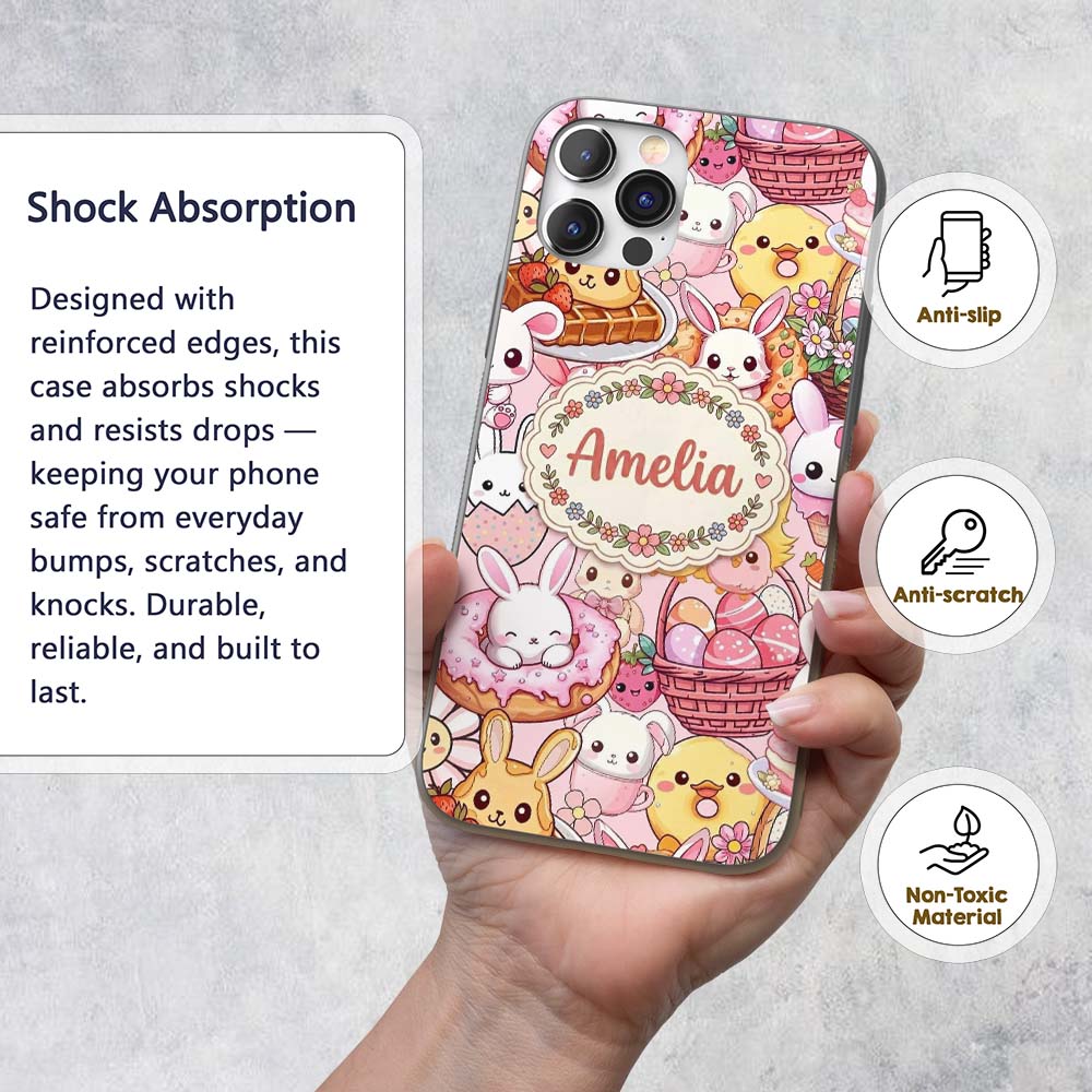 Cute Easter Bunny Chick and Eggs Dessert Seamless Custom Name Protective Phone Case Mobile Cover Durable Everyday Smartphone Shock Resistant