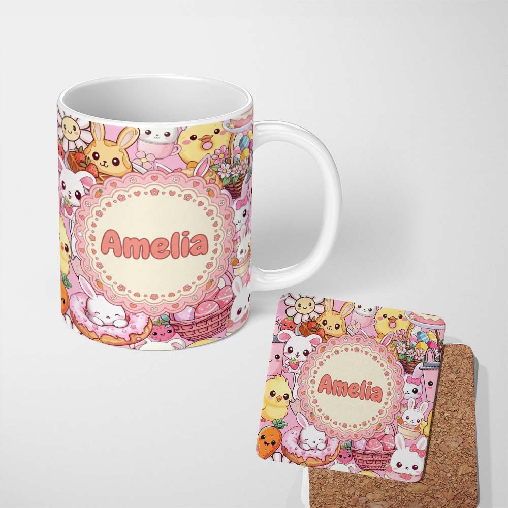 Personalized Custom Name Cute Easter Bunny Chick and Eggs Dessert Seamless Pattern Blush 11oz Ceramic Coffee Tea Mug White Large Handle