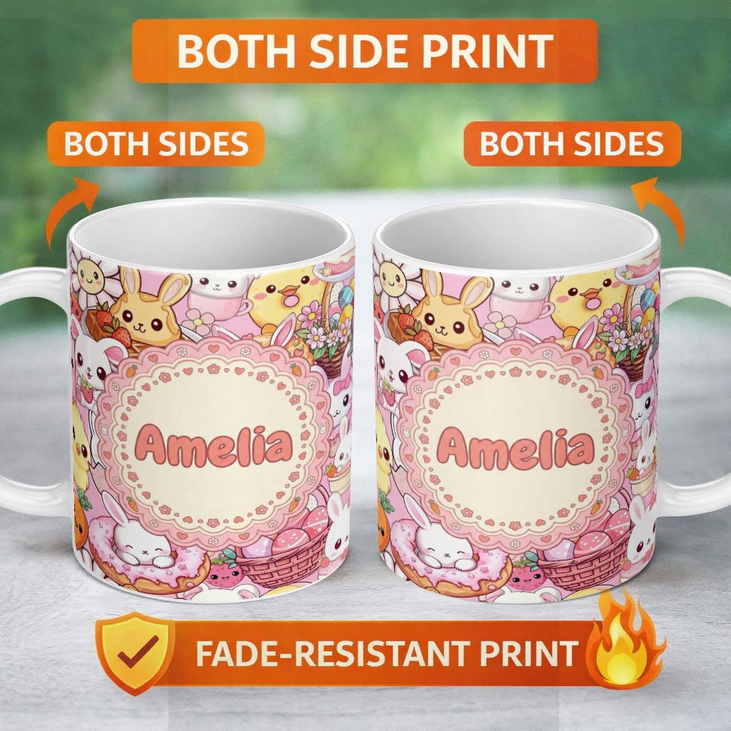 Personalized Custom Name Cute Easter Bunny Chick and Eggs Dessert Seamless Pattern Blush 11oz Ceramic Coffee Tea Mug White Large Handle