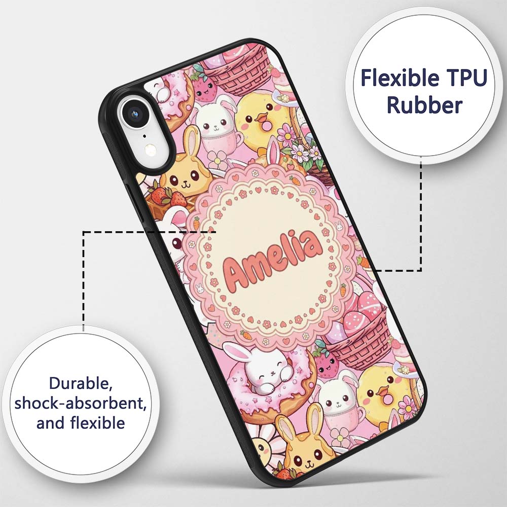 Cute Easter Bunny Chick and Eggs Dessert Seamless Custom Name Protective Phone Case Mobile Cover Durable Everyday Smartphone Shock Resistant