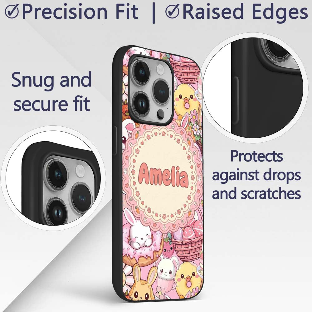 Cute Easter Bunny Chick and Eggs Dessert Seamless Custom Name Protective Phone Case Mobile Cover Durable Everyday Smartphone Shock Resistant