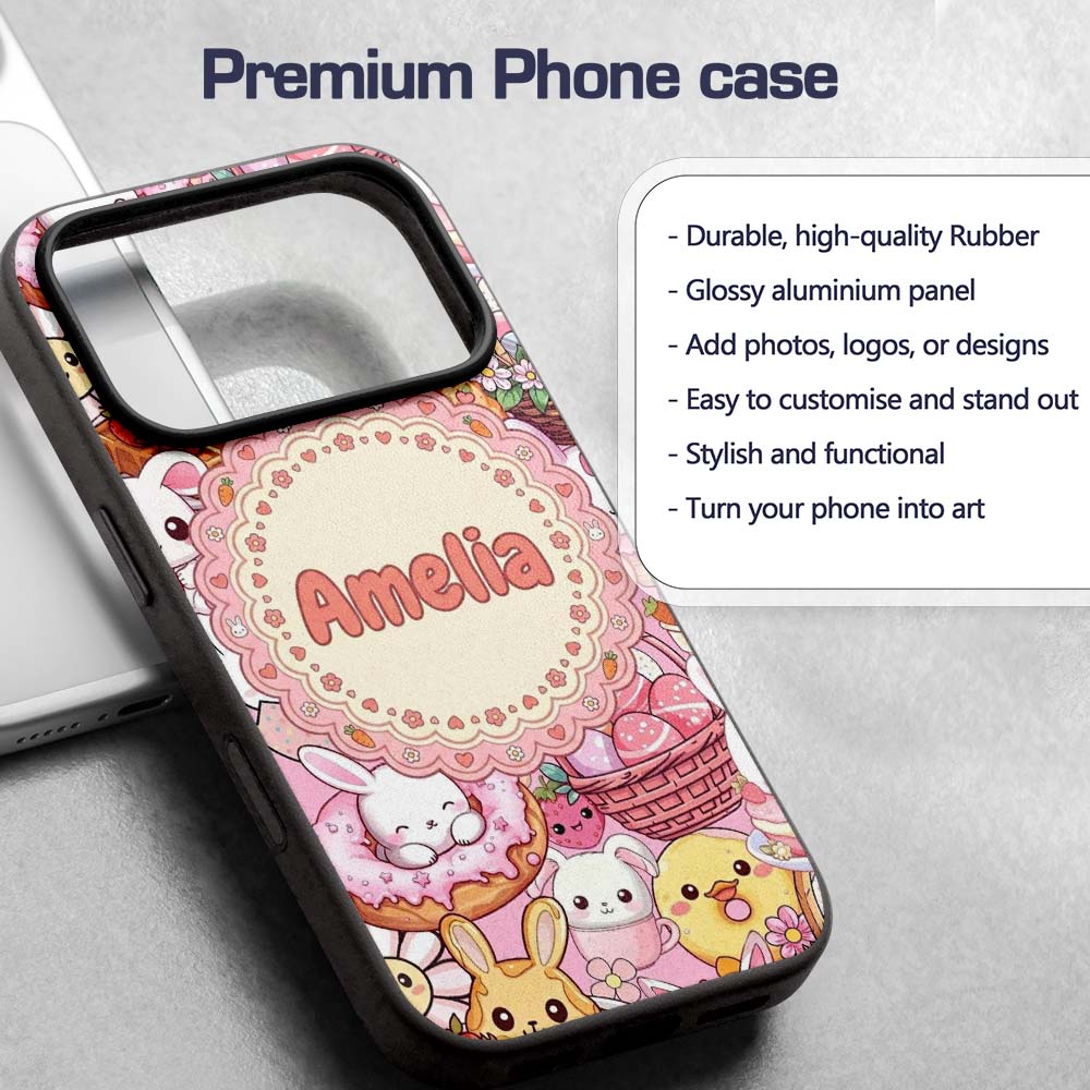 Cute Easter Bunny Chick and Eggs Dessert Seamless Custom Name Protective Phone Case Mobile Cover Durable Everyday Smartphone Shock Resistant