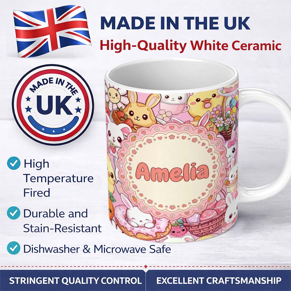 Personalized Custom Name Cute Easter Bunny Chick and Eggs Dessert Seamless Pattern Blush 11oz Ceramic Coffee Tea Mug White Large Handle