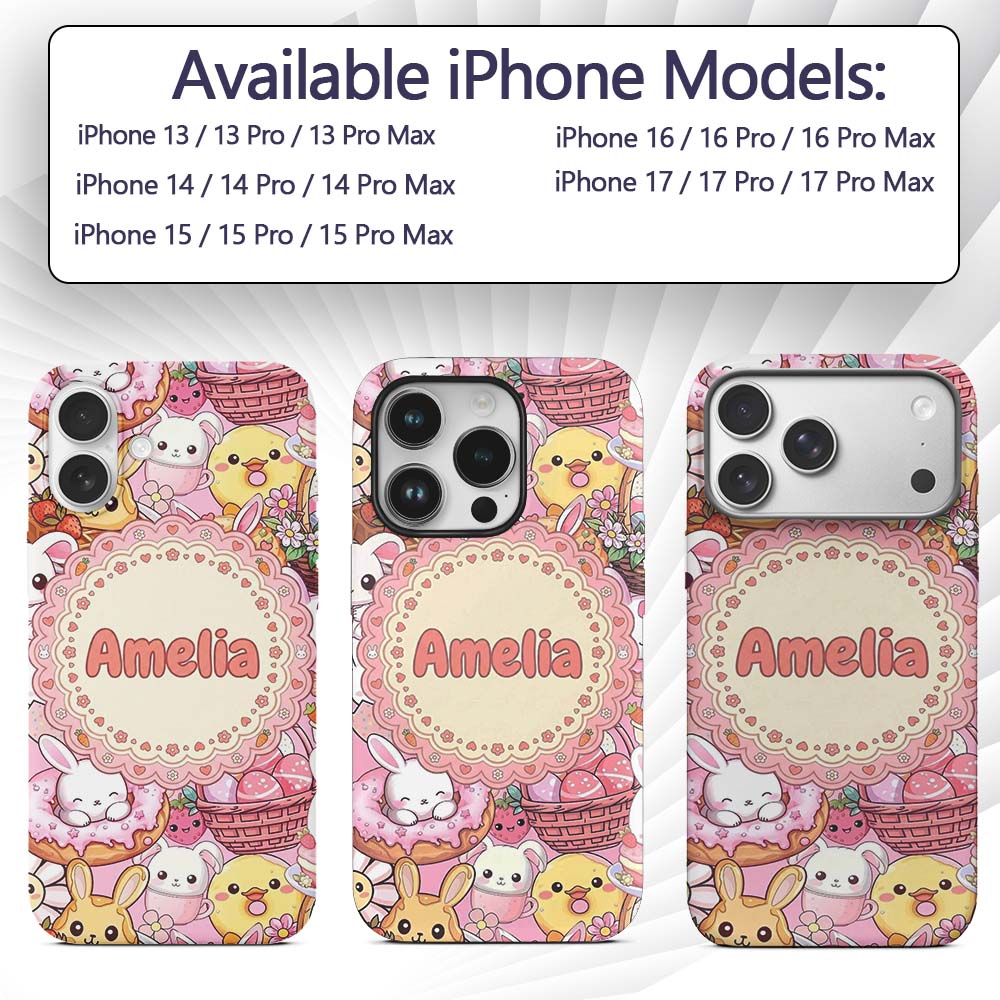 Cute Easter Bunny Chick and Eggs Dessert Seamless Custom Name Protective Phone Case Mobile Cover Durable Everyday Smartphone Shock Resistant