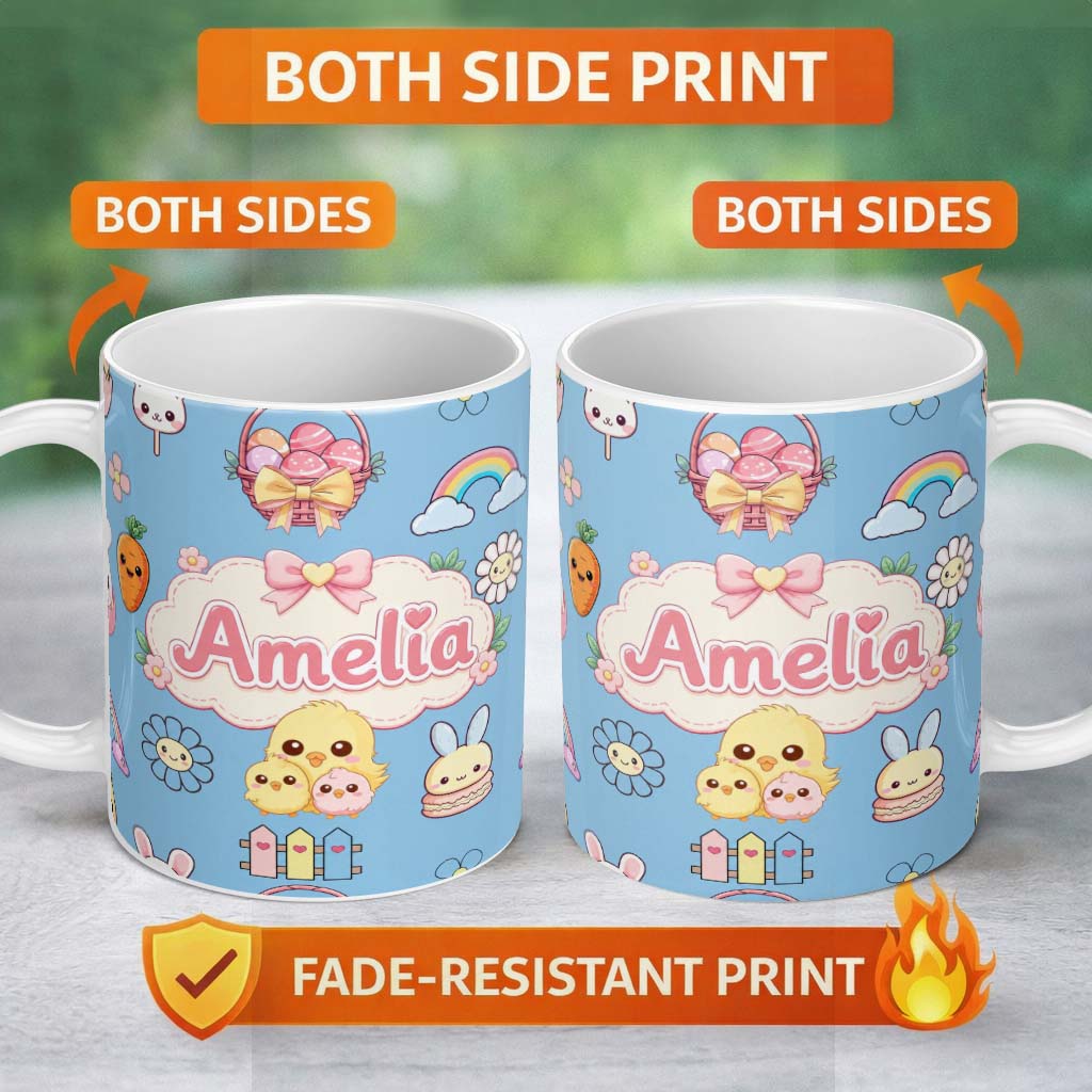 Personalized Custom Name Cute Easter Chick Bunny Macaron Carrot Rainbow Seamless Pattern 11oz Ceramic Coffee Tea Mug White Large Handle