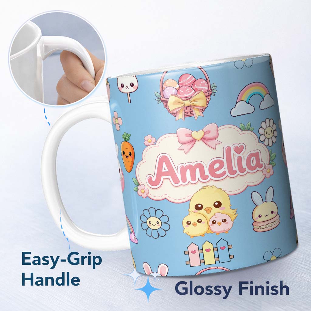 Personalized Custom Name Cute Easter Chick Bunny Macaron Carrot Rainbow Seamless Pattern 11oz Ceramic Coffee Tea Mug White Large Handle