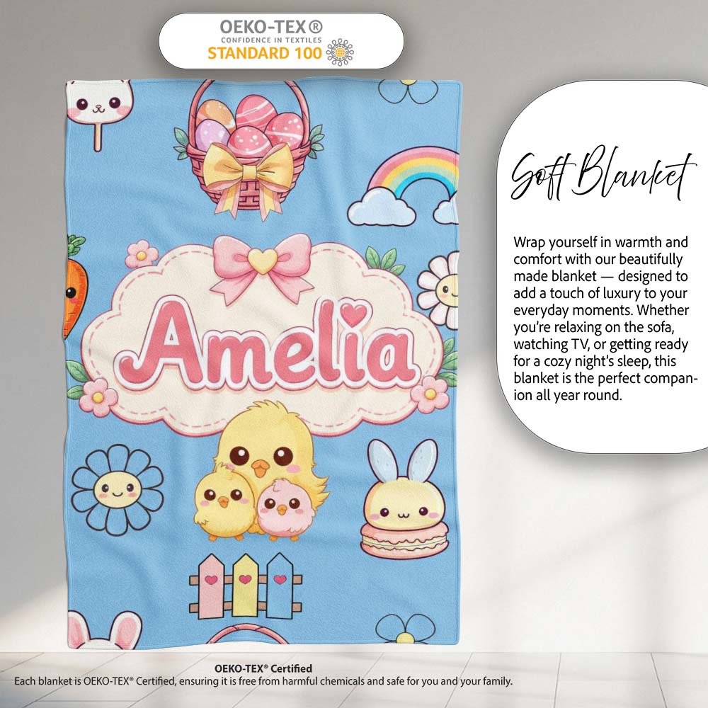 Cute Easter Chick Bunny Macaron Carrot Rainbow Seamless Pattern Personalised Custom Name Super Soft Fleece Blanket Bed Sofa Throw