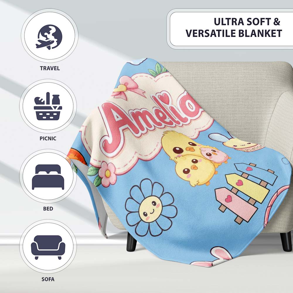 Cute Easter Chick Bunny Macaron Carrot Rainbow Seamless Pattern Personalised Custom Name Super Soft Fleece Blanket Bed Sofa Throw