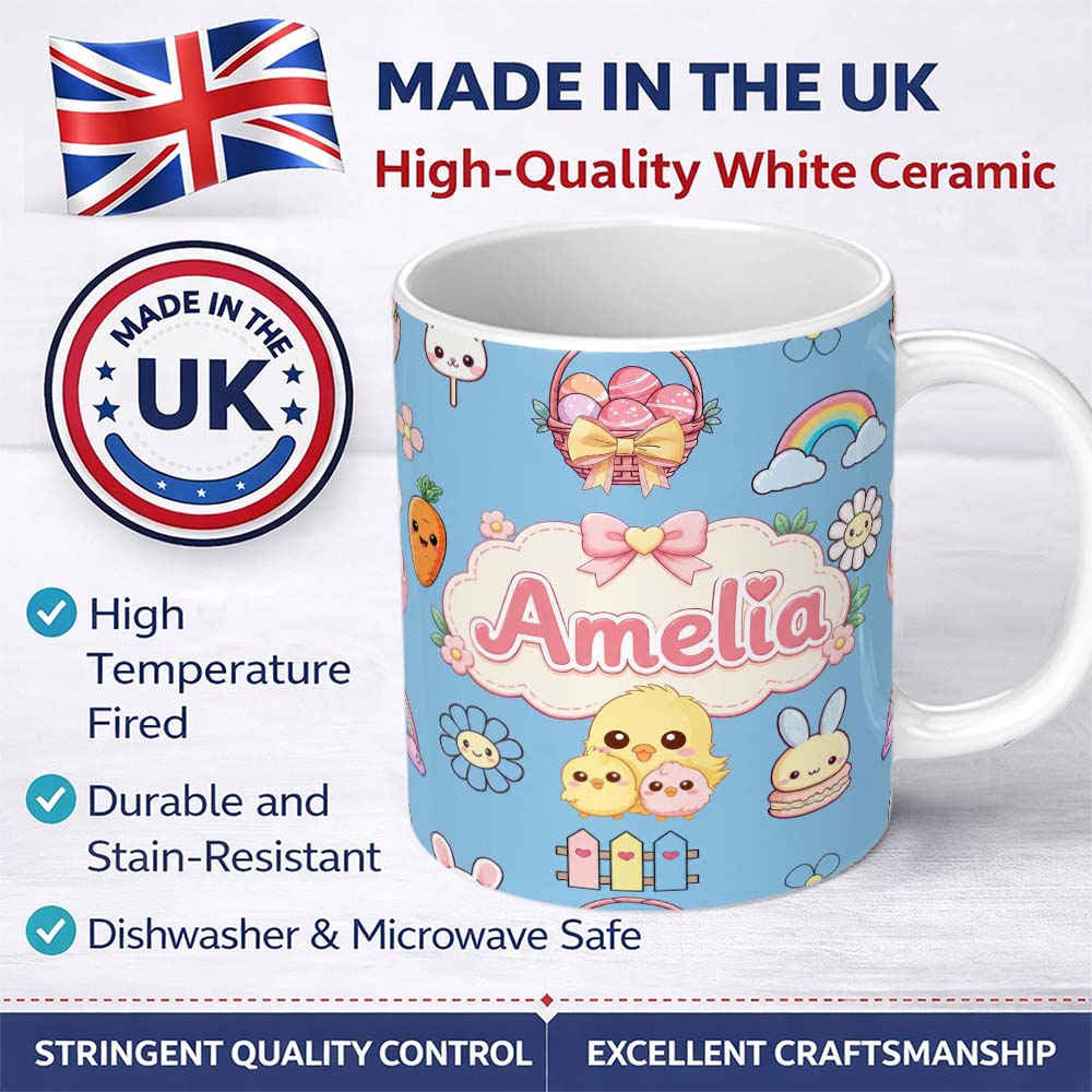 Personalized Custom Name Cute Easter Chick Bunny Macaron Carrot Rainbow Seamless Pattern 11oz Ceramic Coffee Tea Mug White Large Handle
