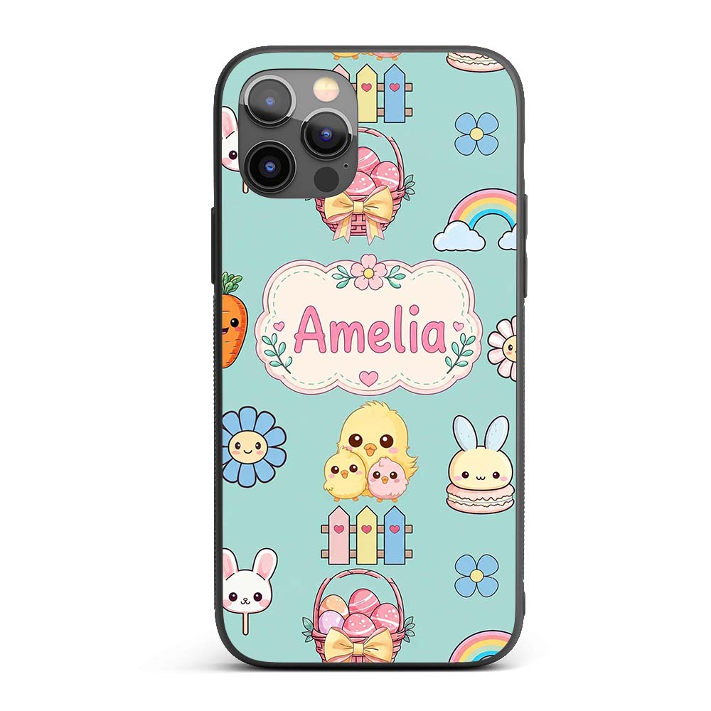 Cute Easter Chick Bunny Macaron Carrot Rainbow Custom Name Protective Phone Case Mobile Cover Durable Everyday Smartphone Shock Resistant