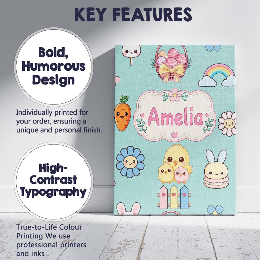 Personalised Name Cute Easter Chick Bunny Custom Unique Gift Idea Elegant Feature Canvas Wall Art Print Decor Picture Ready to Hang