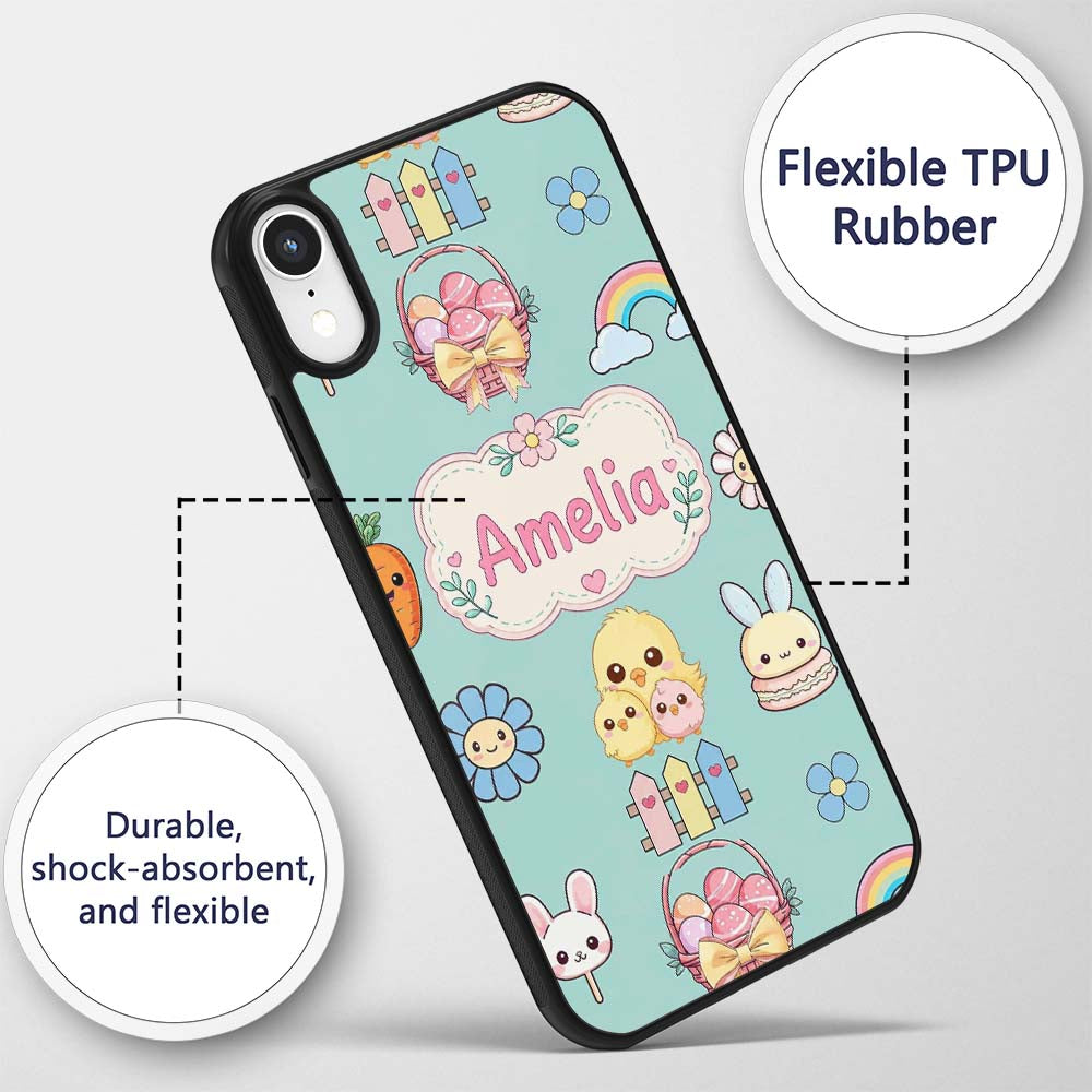 Cute Easter Chick Bunny Macaron Carrot Rainbow Custom Name Protective Phone Case Mobile Cover Durable Everyday Smartphone Shock Resistant