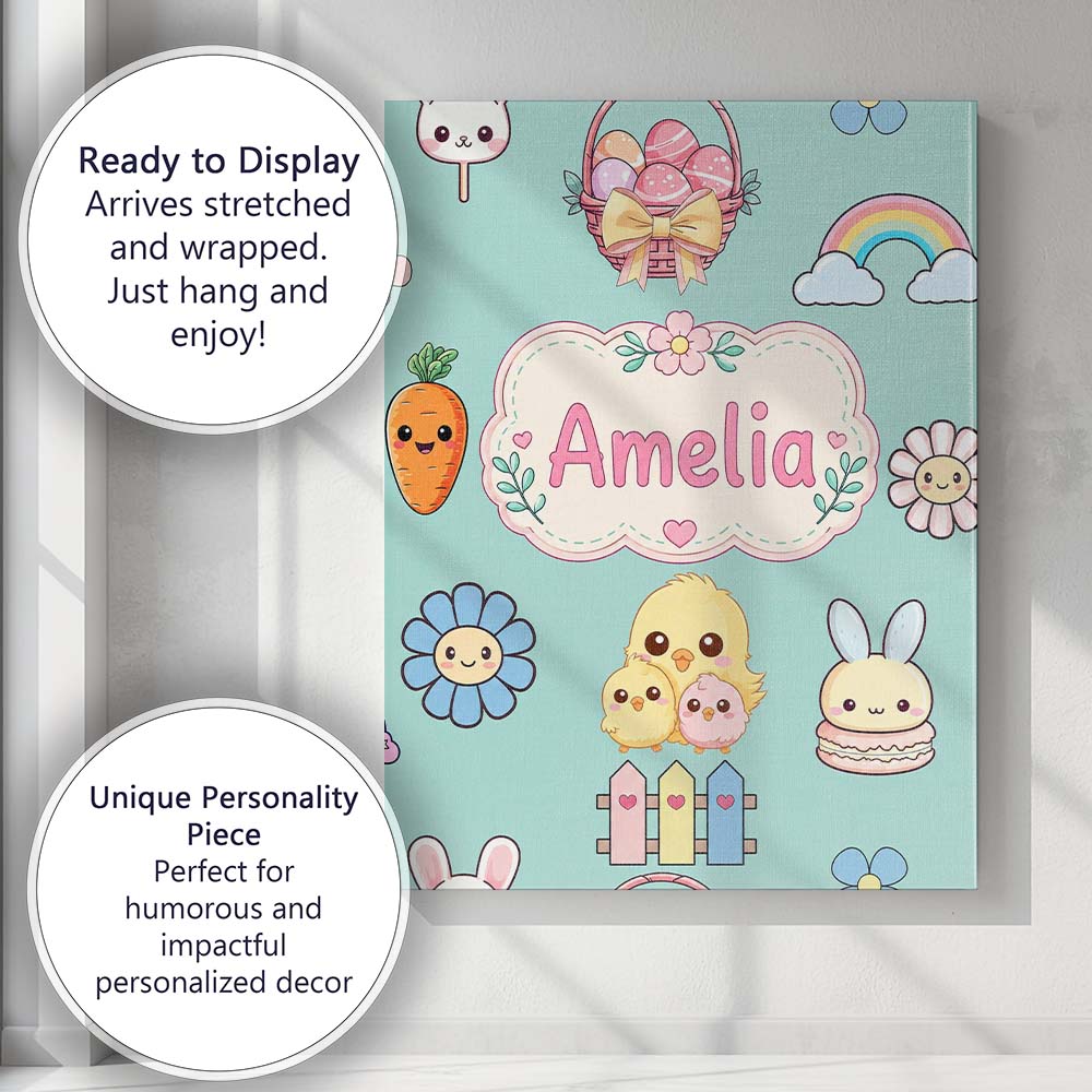 Personalised Name Cute Easter Chick Bunny Custom Unique Gift Idea Elegant Feature Canvas Wall Art Print Decor Picture Ready to Hang