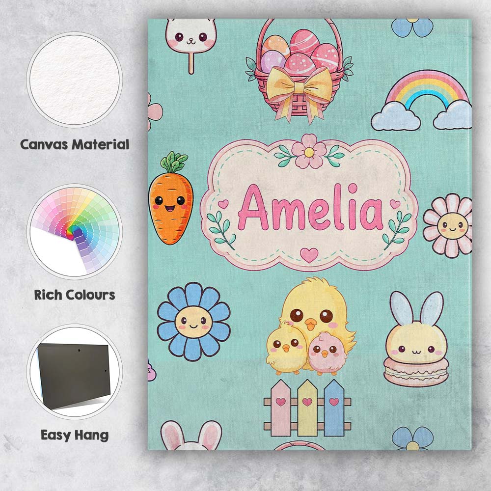 Personalised Name Cute Easter Chick Bunny Custom Unique Gift Idea Elegant Feature Canvas Wall Art Print Decor Picture Ready to Hang