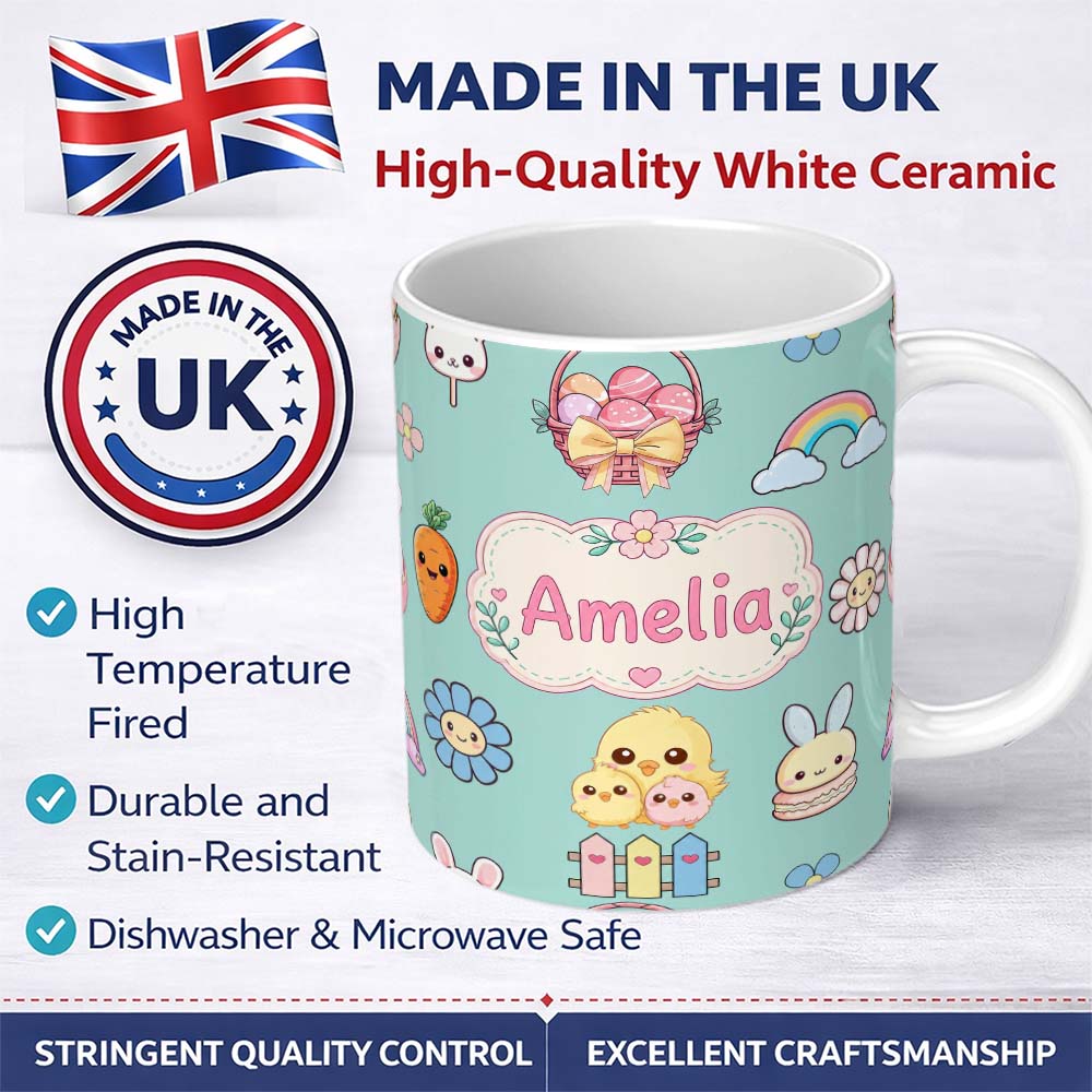Personalized Custom Name Cute Easter Chick Bunny Macaron Carrot Rainbow Seamless Pattern 11oz Ceramic Coffee Tea Mug White Large Handle