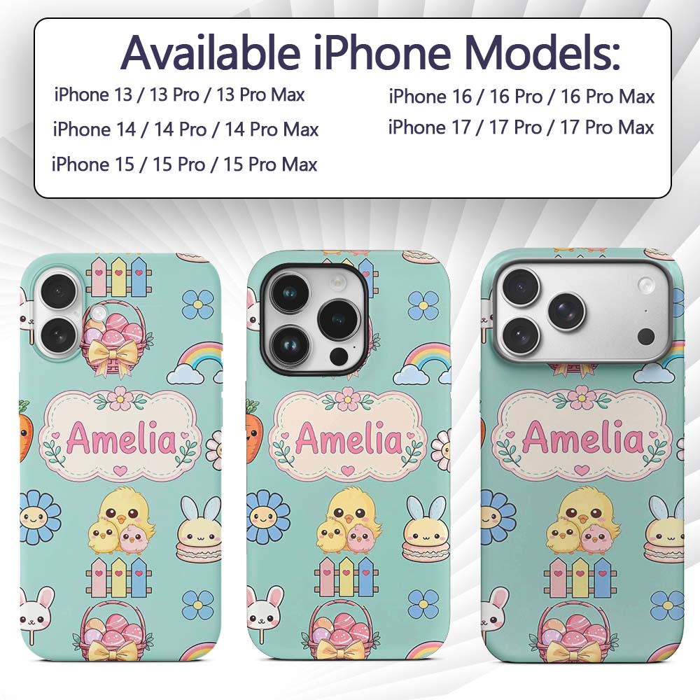 Cute Easter Chick Bunny Macaron Carrot Rainbow Custom Name Protective Phone Case Mobile Cover Durable Everyday Smartphone Shock Resistant